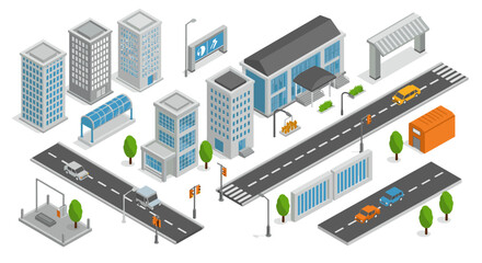 Obraz premium Isometric cityscape with modern buildings, roads, and vehicles