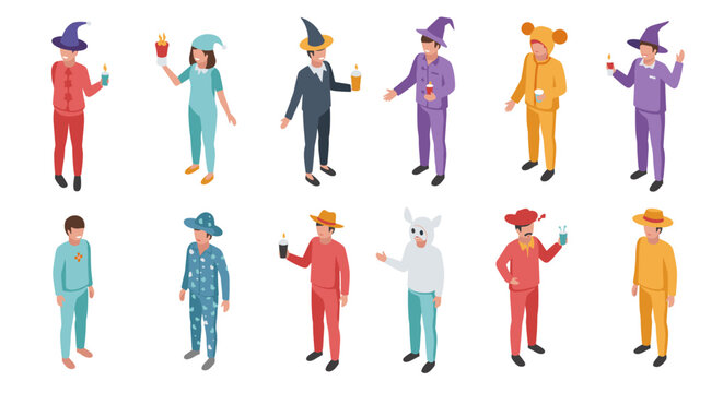 Colorful characters in festive costumes enjoying drinks in isometric style