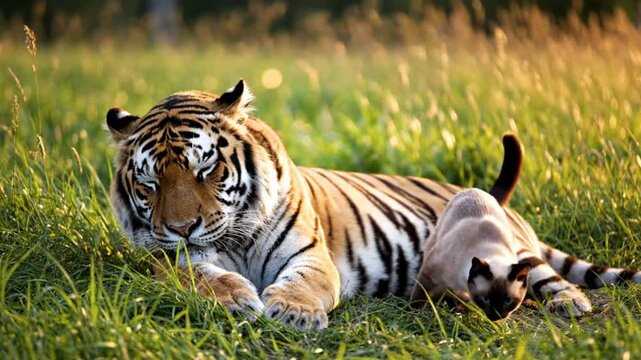 A majestic tiger and a small domestic cat share a calm moment in a grassy field, highlighting harmony and contrast between wild and tame