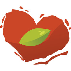 Heart Shape Formed by Abstract Red Splatter Embracing a Single Green Leaf with a Subtle Shadow in a Simple Design