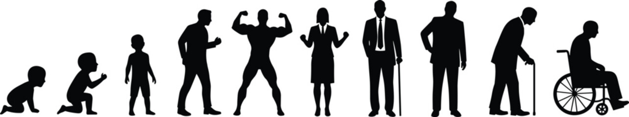 Human life stages from crawling baby to elderly wheelchair-bound individual, representing the complete human development process, growth, 