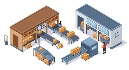 Obraz premium Isometric conveyor system in modern warehouse with workers and boxes