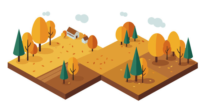 Isometric autumn landscape with colorful trees and a cozy house