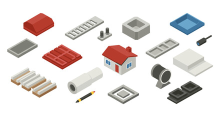 Isometric construction elements set with house and building materials