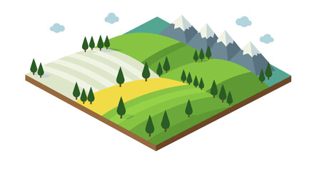 Obraz premium Isometric landscape featuring mountains, fields, and forest in flat design