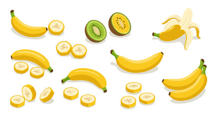 Colorful collection of isometric banana and kiwi slices on white background