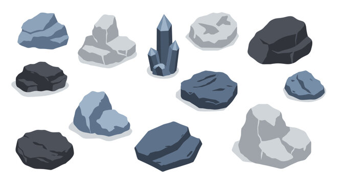 Collection of geometric rock shapes and crystals in flat design