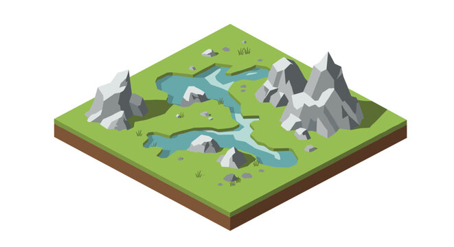 Isometric landscape with river and mountains on grass terrain