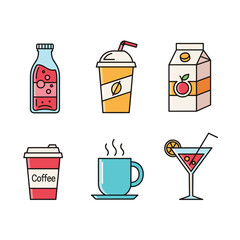 Set of colorful vector icons featuring various refreshing and hot beverages like juice, coffee, and cocktails, presented in a minimalist, flat design style.