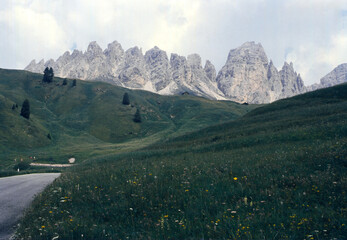 Mountain landscape along the road to Gardena Pass, Dolomites, Italy