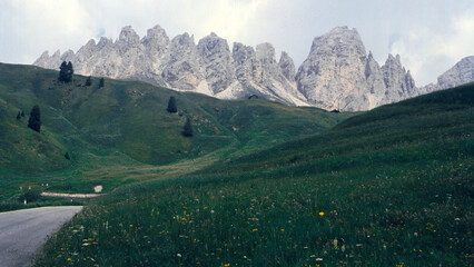 Mountain landscape along the road to Gardena Pass, Dolomites, Italy