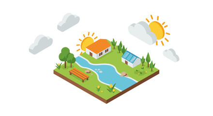 Isometric spring landscape with houses by a river and sunny sky