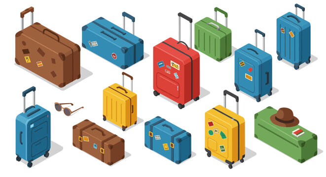Colorful isometric suitcases and travel accessories on white background