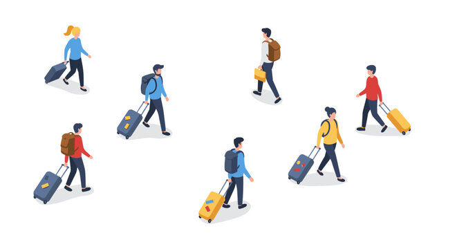 Isometric travelers with luggage on white background