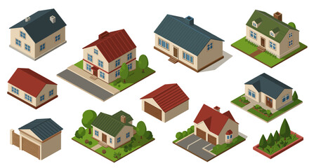 Isometric residential buildings collection with vibrant roofs and gardens