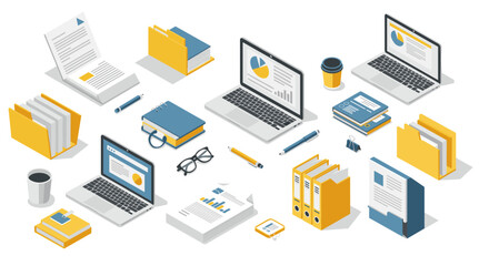Office supplies and technology in isometric style: laptops, folders, and stationery