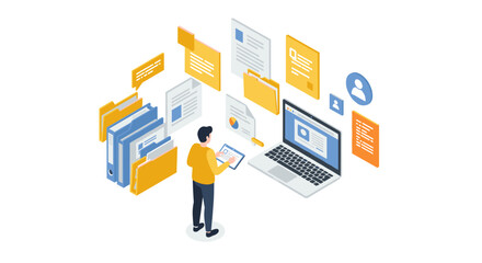 Isometric office organization digital workflow with laptop and documents