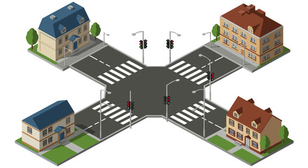 Naklejka premium Isometric city intersection with residential buildings and crosswalks