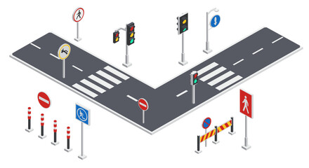 Isometric road intersection with traffic lights and signs