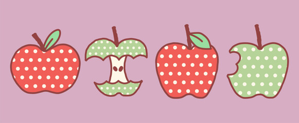Cute Hand Drawn Outlined Apple Illustration Doodle in Polkadot Pattern