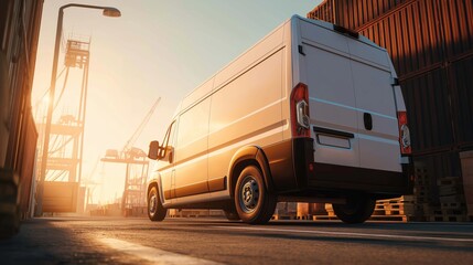 Urban delivery van with reinforced tires parked near loading dock, morning light, industrial zone