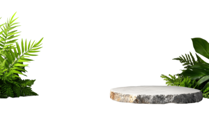 Stone Platform with Green Leaves on Transparent Background