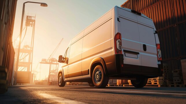 Urban delivery van with reinforced tires parked near loading dock, morning light, industrial zone
