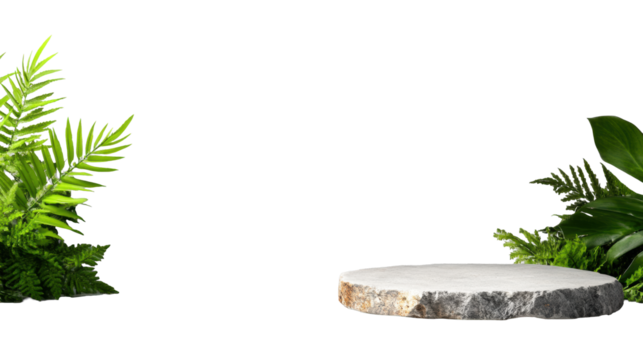 Stone Platform with Green Leaves on Transparent Background