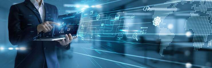 Developer using laptop analyzing and development web development interface. Modern coding structure...