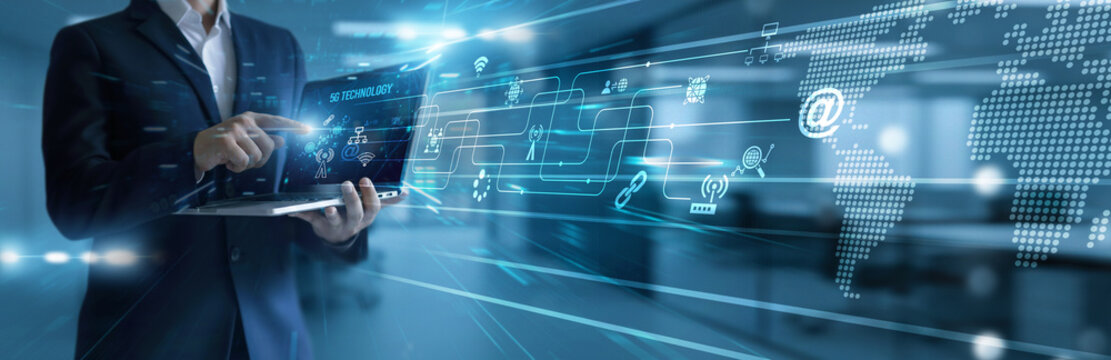 Technician using laptop analyzing and development 5G technology systems. Ultra-fast network solutions connecting smart devices, global communication, innovation, mobility, connectivity. - Powered by Adobe