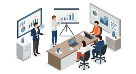 Business team meeting in modern office with charts and laptops in isometric design