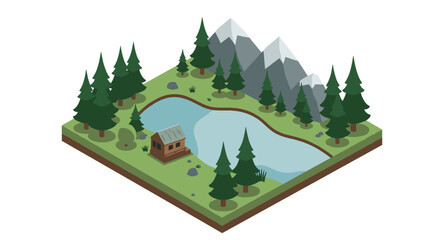 Isometric forest landscape with cabin, lake, and mountains