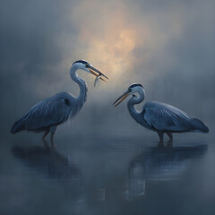 Majestic Herons GracefullyCatching Fish by the Waters Edge: A Mesmerizing Dispay of Nature's Predators i Action