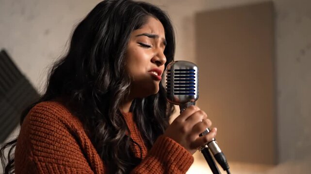 Beautiful young female singer with long dark hair emotionally performing a song in a professional recording studio, holding a retro microphone and gesturing with her hands in a soundproofed room - Powered by Adobe