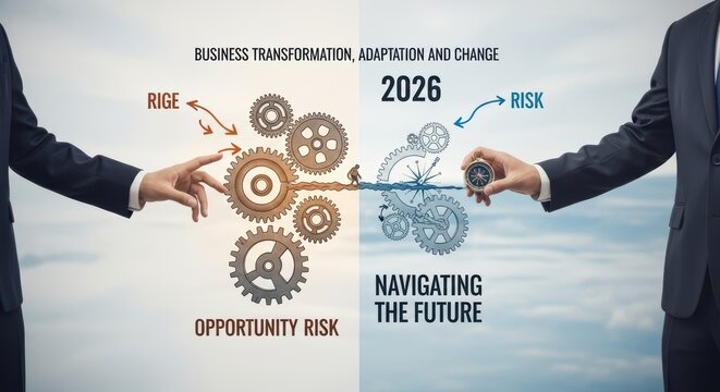 Confident Business Leader Overseeing Transformative Enterprise Landscape, Embracing Ambiguity and Volatility Perfect for Corporate Websites & Presentations.