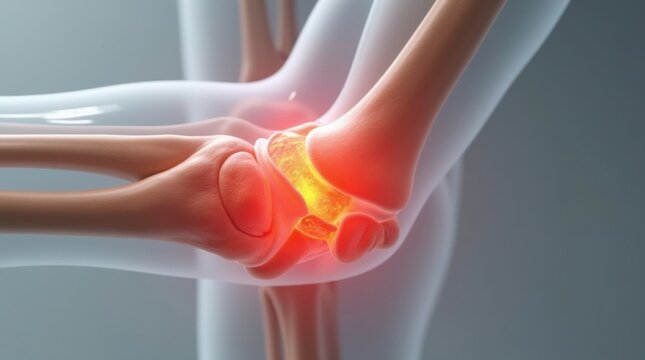 Articulaci&oacute;n del codo con inflamaci&oacute;n. Estructura &oacute;sea del esqueleto humano en arte m&eacute;dico 3D, concepto de artritis y dolor articular