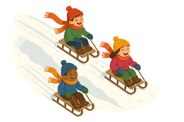 Joyful children sledding on snowy hill in colorful winter attire