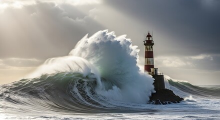 Ocean wave crashing against a red striped lighthouse with stormy sky and ocean in a photography style