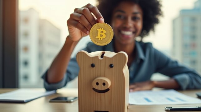 Mujer colocando un bloque de ahorros con forma de moneda de oro brillante de bitcoin en una hucha de madera con una ranura estrecha