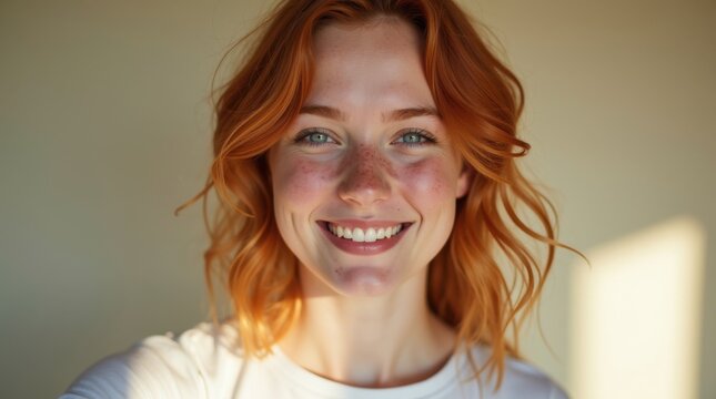 Una mujer joven pelirroja con pecas en las mejillas y la nariz sonr&iacute;e c&aacute;lidamente, vestida con una camiseta blanca informal