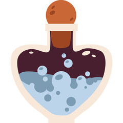 Heart Shaped Potion Bottle with Cork Stopper and Two Tone Liquid Inside and Bubbles on Transparent Background