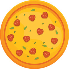 Heart Shaped Pepperoni Pizza With Green Herbs On A Yellow Background And Orange Crust Detailed Food Illustration