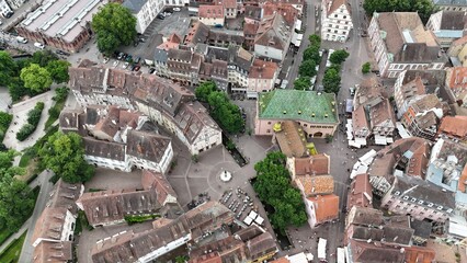 Colmar France old town centre Overhead birds eye drone aerial view