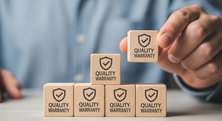 Confident Businessman Showcasing Quality Product and Service Guarantee, with Cubes Representing Key Aspects Ideal for Corporate Websites and Presentations.