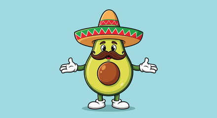 A cartoon avocado wearing a sombrero and a mustache, with its arms outstretched in a welcoming gesture.