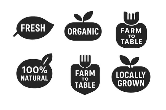 Farming and organic food silhouette icon set. featuring fresh, organic, farm to table, 100 natural, locally grown symbols.