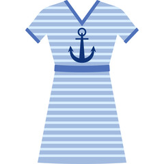 Light Blue Striped Sailor Dress With Dark Blue Anchor Emblem And Belt Detail