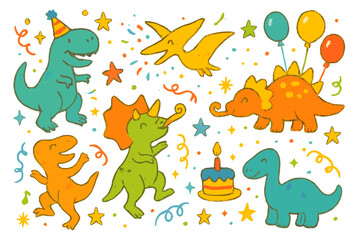 Obraz premium Kids party flat icon set. featuring dinosaur, balloon, cake, star, party hat, confetti, pterodactyl