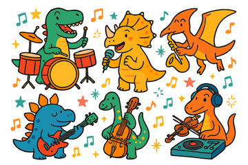 Music band flat icons set. featuring dinosaurs playing drums, guitar, saxophone, cello, violin, and dj turntable