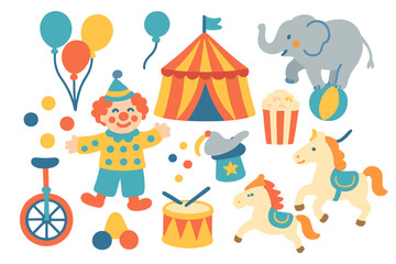 Naklejka premium Circus fun flat icon set. featuring clown, tent, unicycle, elephant, drum, popcorn, horse, balloons, magic hat